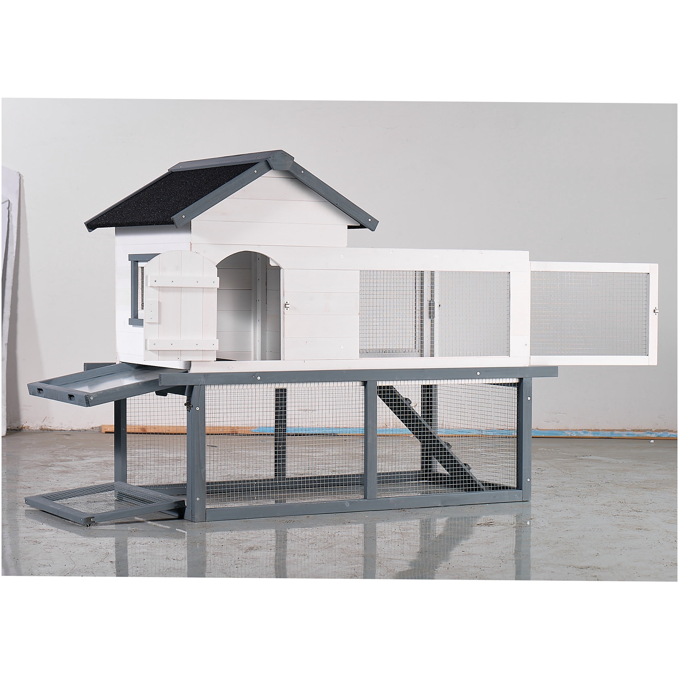 JERFIT 53 Inch Large 2-Story Wooden Chicken Coop Rabbit Hutch with Waterproof Asphalt Roof, Ramp & Pull-Out Tray for Outdoor/Indoor Use