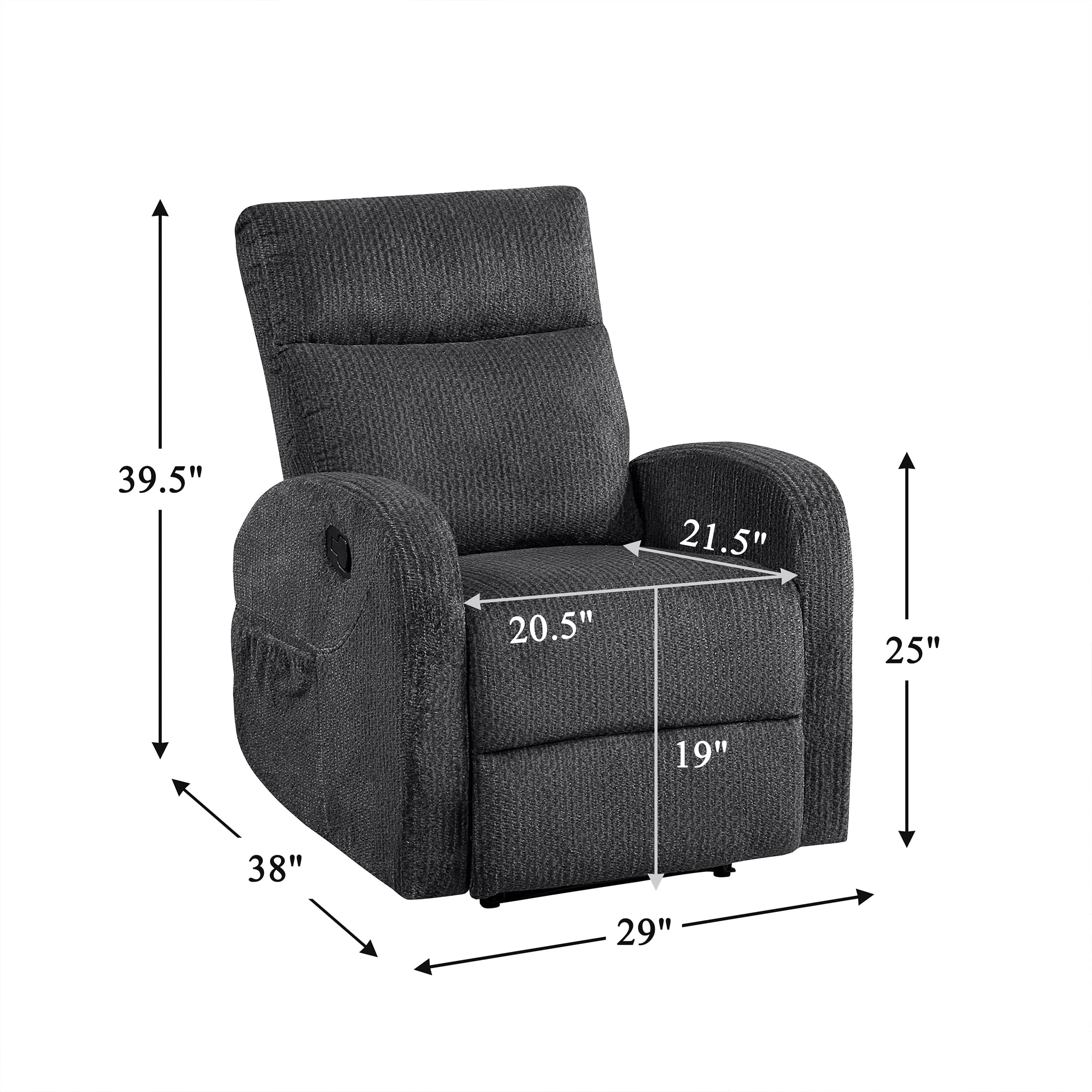 OakvillePark Brava Microfiber Manual Reclining Chair with Armrest Side Pocket, Dark Gray