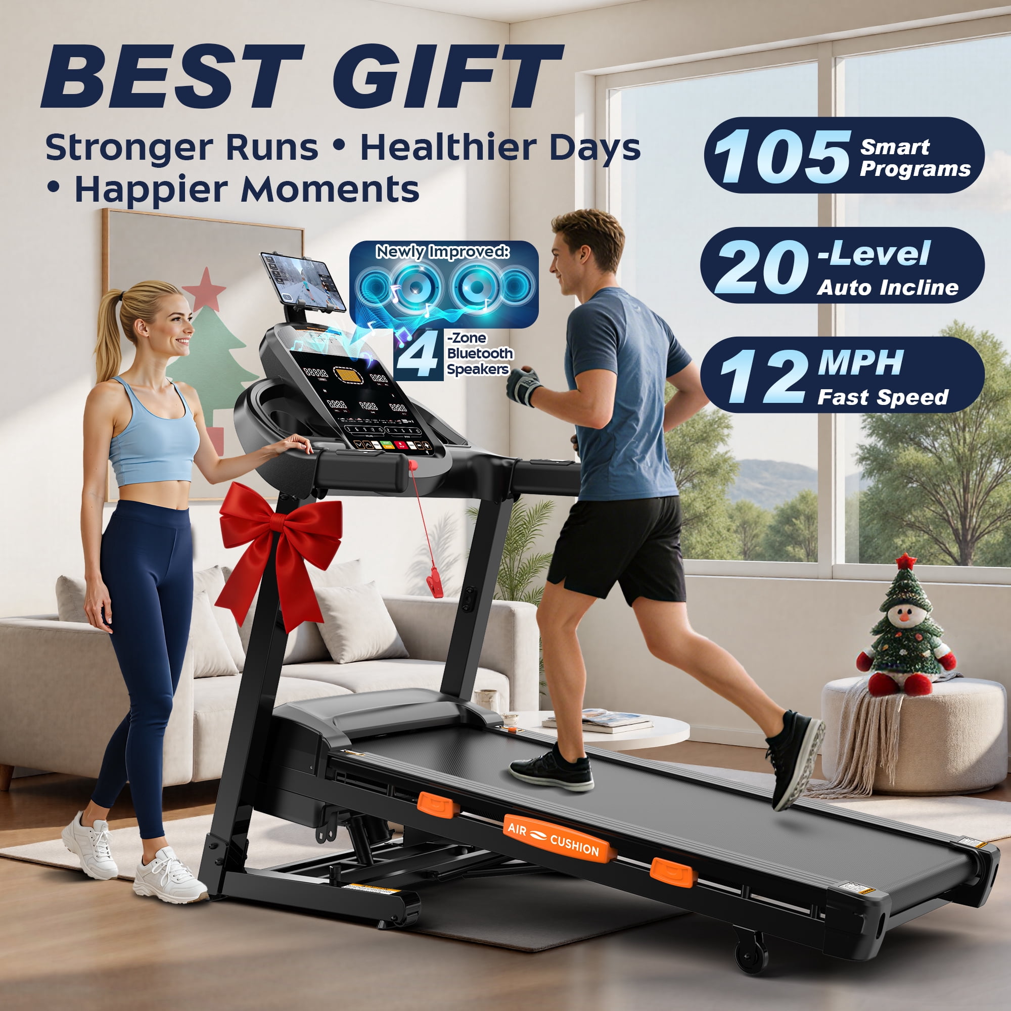 Treadmill for Home with Hydraulic Fold, Bluetooth Connectivity, 20-Level Incline, 12 MPH Speed, 400 LBS Capacity & Extra-Large Step Counter