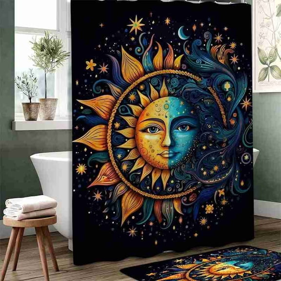 70x70 inch Midnight Celestial Sun and Moon Face Shower Curtain, Waterproof Polyester Fabric with Hooks for Bathroom Decor