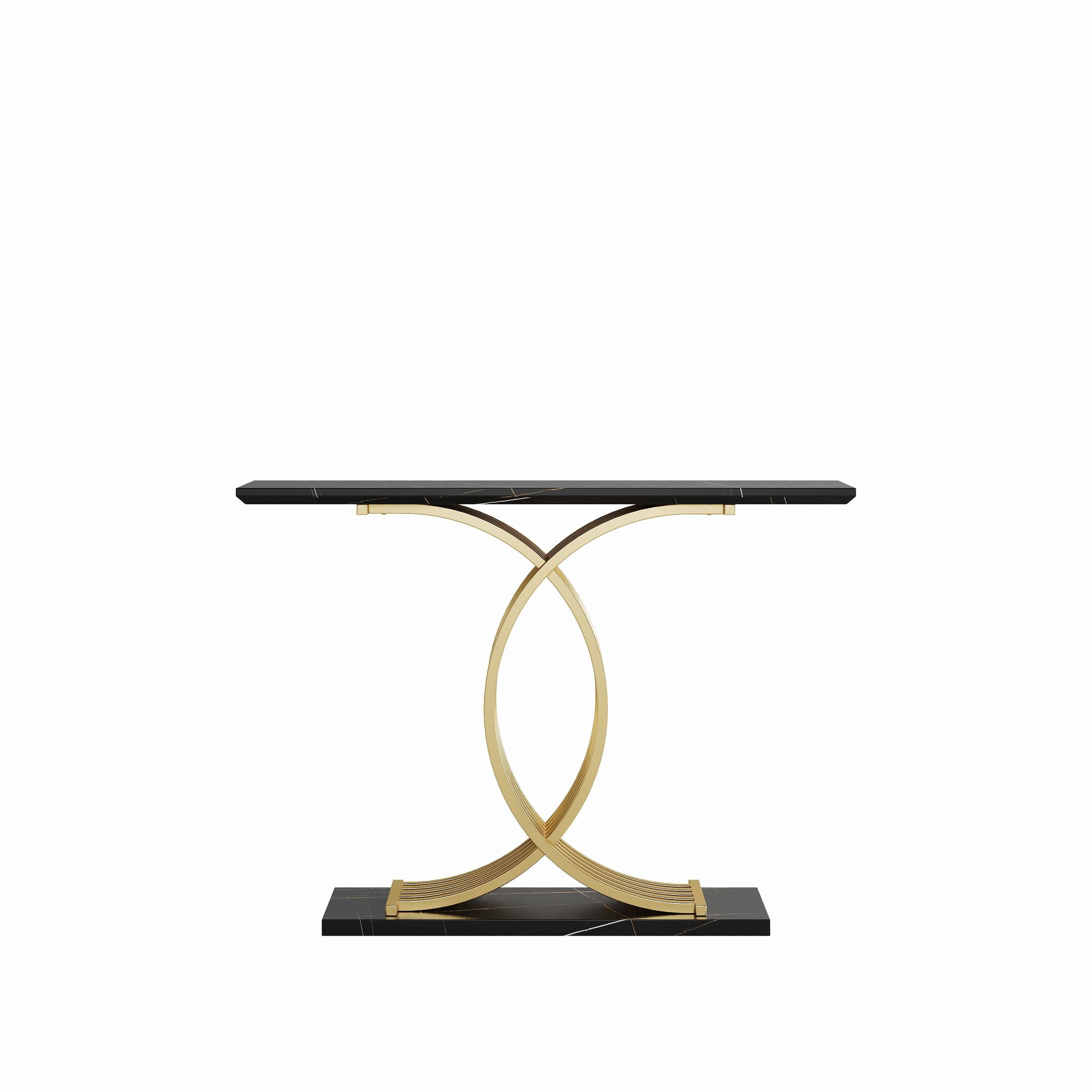 Noble House Rowen 43.3" Narrow Entryway Console Table with Intertwined Gold Metal Base, Black & Gold