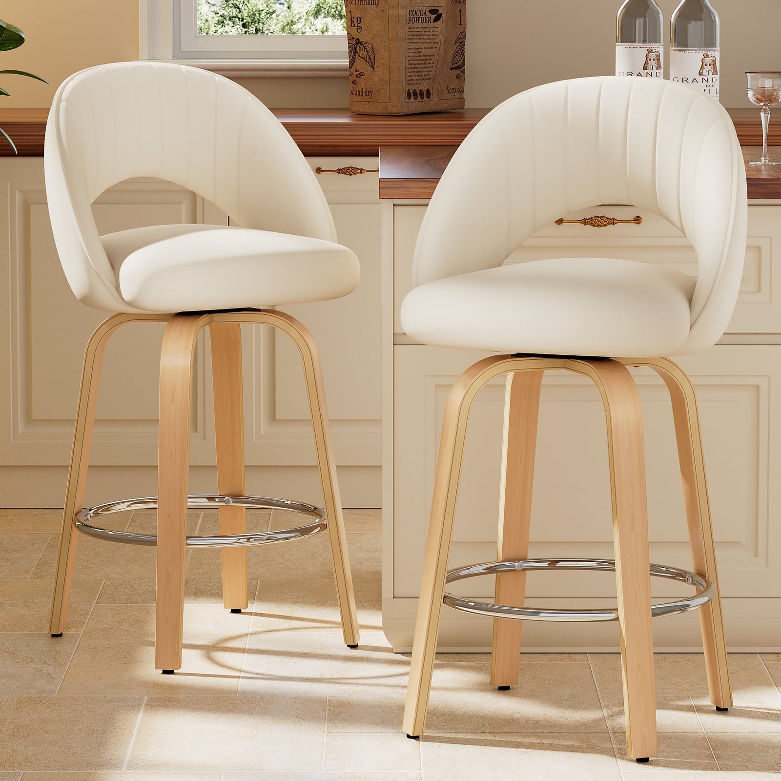 FevorFurn 26 Inch Swivel Bar Stools Set of 2, Counter Height Bar Chairs for Kitchen, Velvet Fabric Island Chairs with Back, Thickened Cushion, Wood-Frame, Automatic Seat-return to Center,Light White