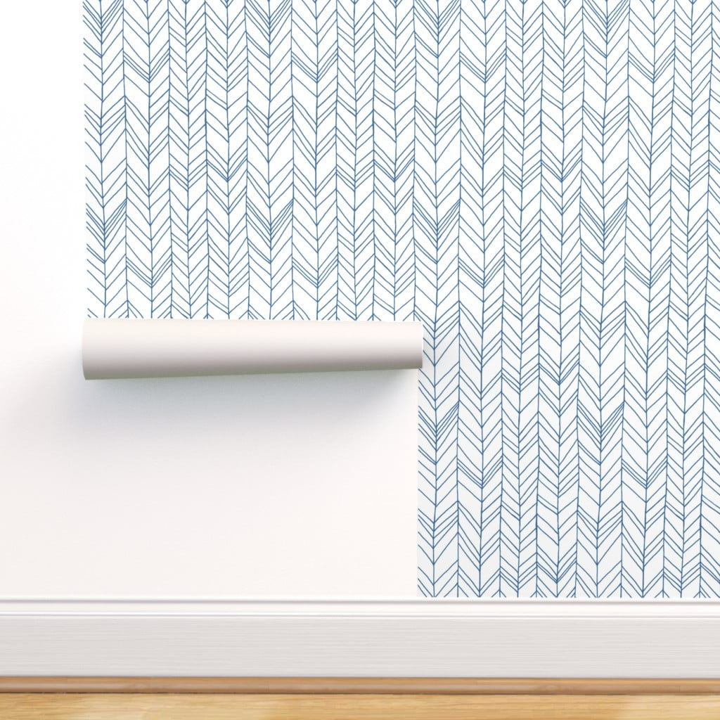 Removable Water-Activated Wallpaper Herringbone Blue Chevron Triangles Patterned 