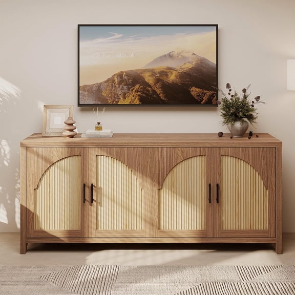 Bestier 70" Sideboard Buffet Cabinet with Storage, Boho Credenza Storage Cabinet, Farmhouse Arch Fluted Doors & Adjustable Shelves, Wood Long Buffet Cabinet for Living Room,Oak
