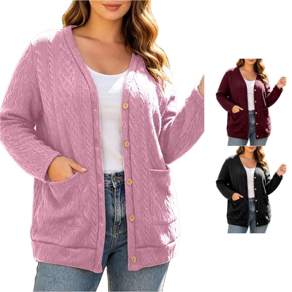 Rggeeun Oversized Cardigan Sweaters for Women Cable Knit Cardigan Long Sleeve Open Front Outerwear Casual Knit Tops with Pockets Office Wear Stylish,Red,3XL