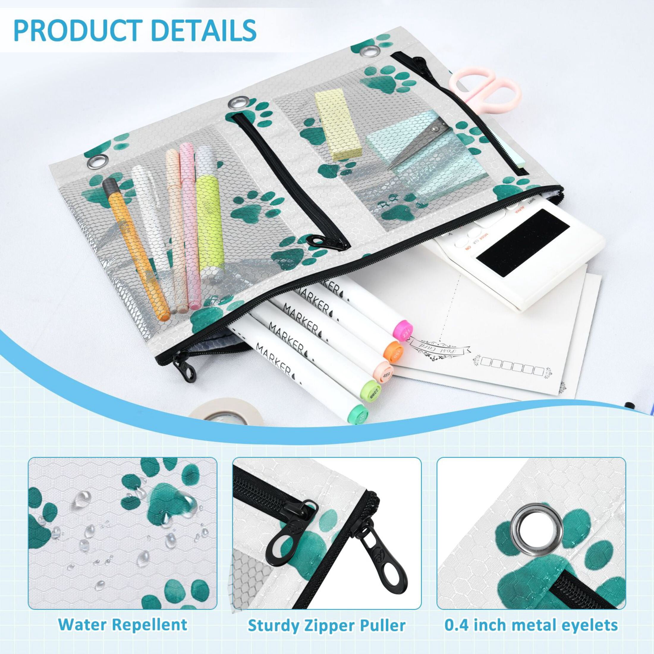 3-Hole Pencil Pouch for 3 Ring Binder Clear Zippered Pen Case with Window Teal Dog Paw Prints