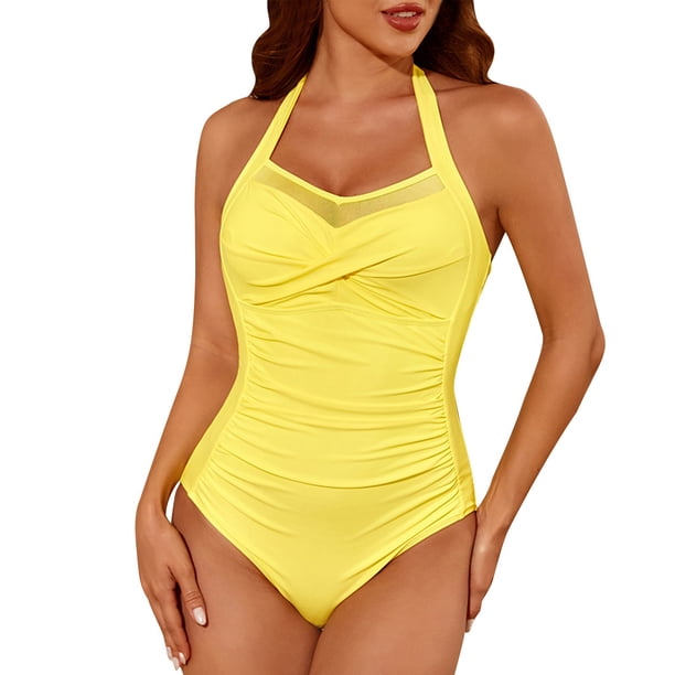 Traje de Baño de Color Sólido de las Mujeres, Doble Correa Delgada Plisada una Pieza para la Playa Y la Piscina, Traje de Baño de Verano Sexy con Cobertura Completa