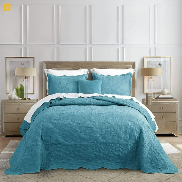 Oversized King Bedspread Blue 128x120 Extra Wide Coverlet Bedding Set Lightweight Thin Comforter