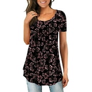 POPYOUNG Women's Casual Comfort Tunic Loose Fitting Short Sleeve Tops Cotton Cute Flare Blouse BlackGypsophila M