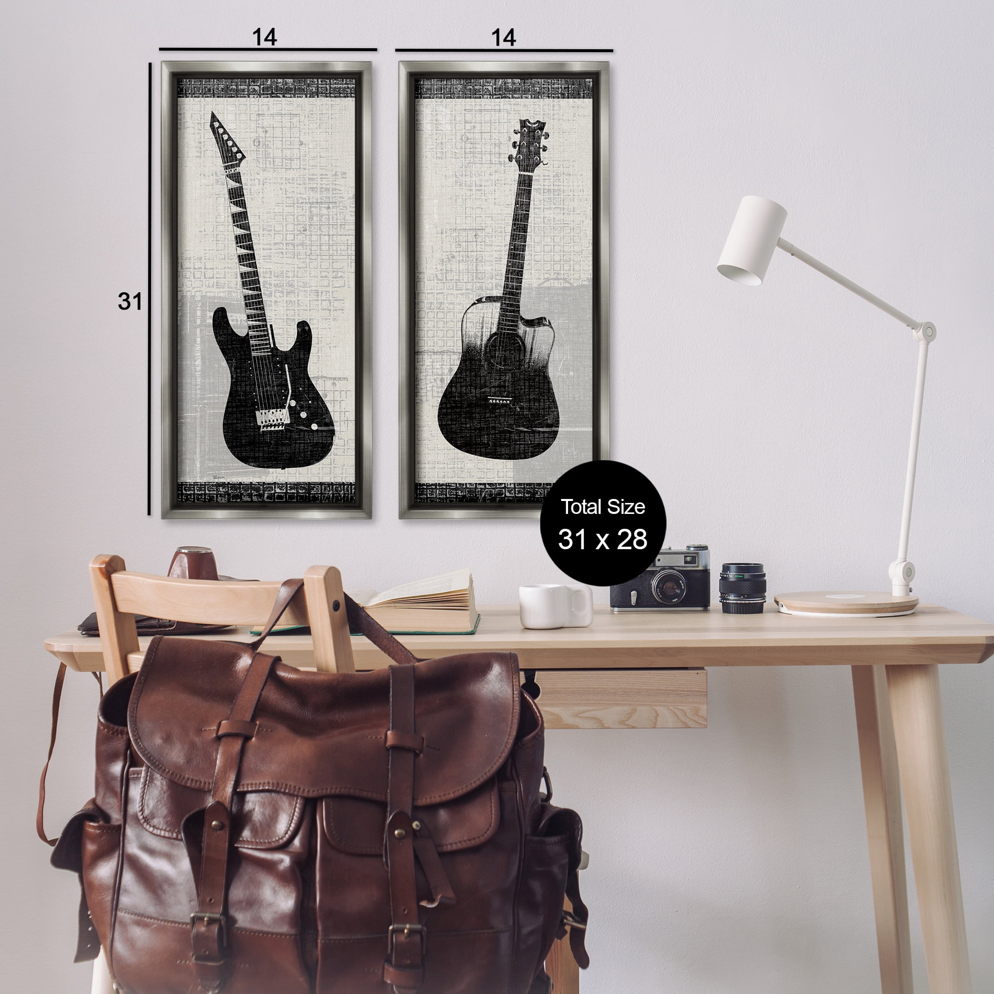 Stupell Industries Electric Acoustic Guitar Entertainment Painting Gray Floater Framed Canvas Art Print Wall Art, 14 x 31, Set of 2