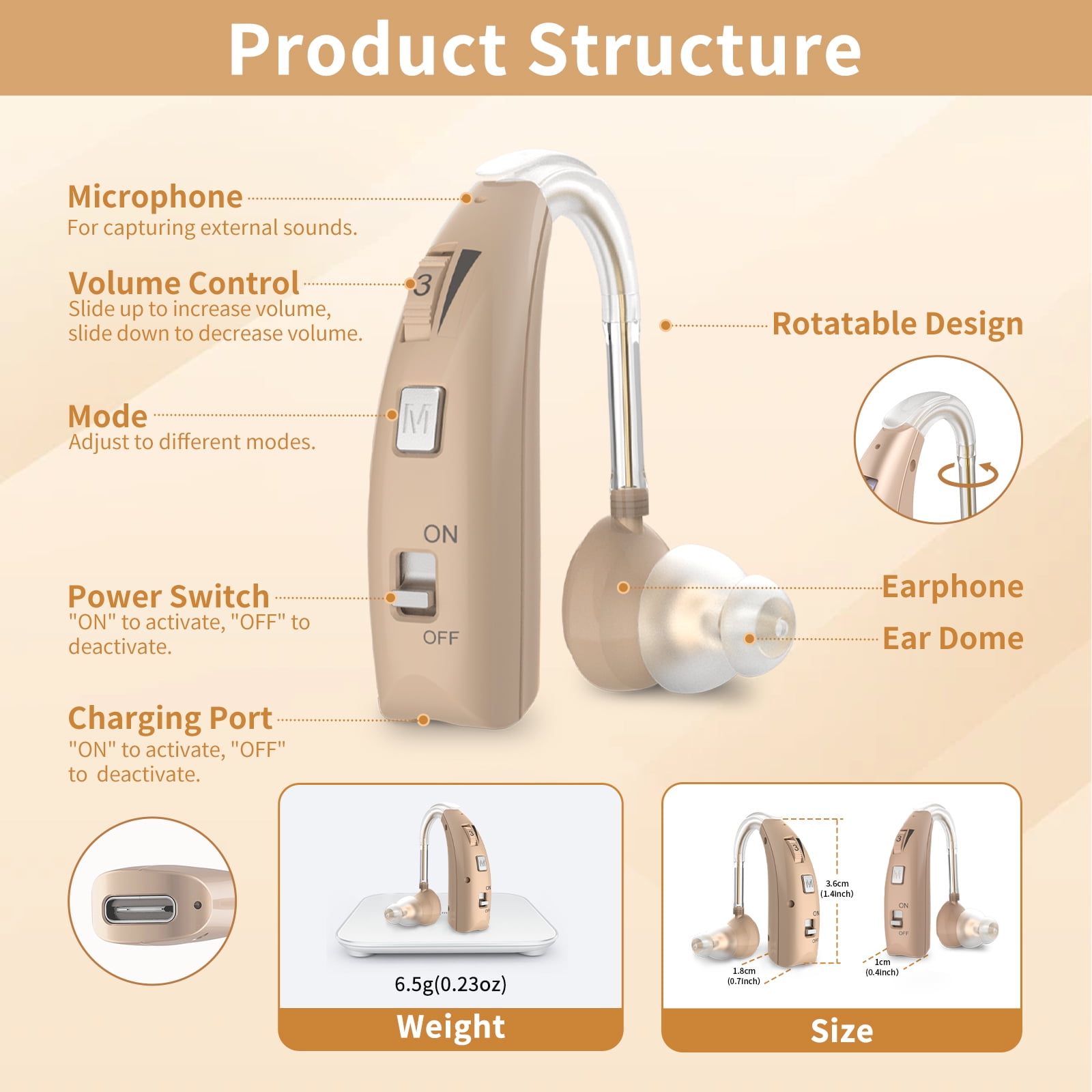ELCTRTICI Hearing Aids for Seniors, Rechargeable Hearing Aid With Noise Cancelling and Volume Control,2 Frequency Modes,VHP-1303 Single,Beige