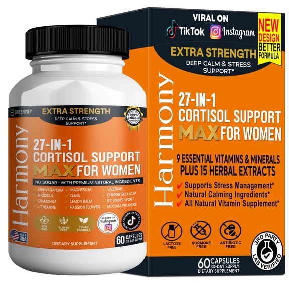GreenVify Harmony 27-in-1 Cortisol Support Max for Women – Stress Support Supplement with Vitamins, Minerals & Herbal Blend