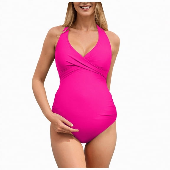 mgoYE Maternity One Piece Swimwear Retro Halter Swimsuits Pregnancy Bathing Suits(Pink,XL)