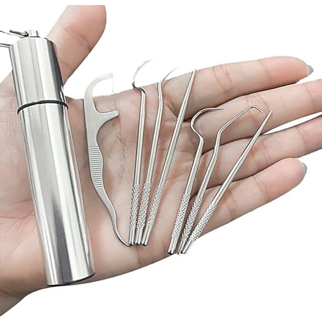 7 Unids/set Palillos de Dientes Portátiles de Acero Inoxidable Bolsillo Palillos de Metal Reutilizables para Picnic Al Aire Libre Camping Viajar Plata 9.5*2 cm