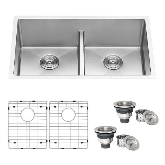 Ruvati 32-in Low-Divide Undermount Double Bowl 16 Gauge Kitchen Sink