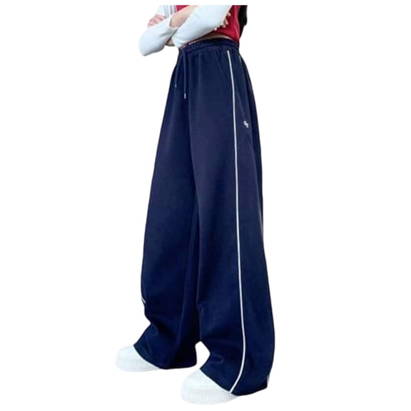 Dmsael Girls Pants Wide Leg Baggy Pants Y2K Elastic Waist Jogger Sweatpants Track Pants Streetwear (Navy,7-8 Years)