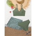 thumbnail image 3 of Girls 3pcs Bikini Set + Ruched Cover-up Skirt, Solid Fashion Bathing Suit Beach Pool Swimwear Cover-Up Set, 3 of 5