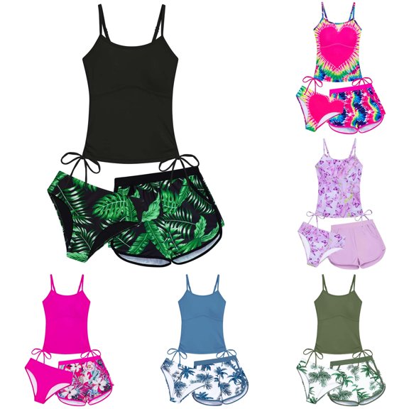 XIYON Kids Girls 2 Piece Swimsuit Sleeveless Suspenders Tankini Top And Bottoms Shorts Comfortable Fashion Swimwear For Swimming Beach Pool,Black,13-14 Years