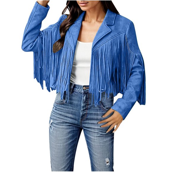 Zhuashum Jean Jacket Women Fashion Fringe Suede Leather Jackets Fashion Tassel Motorcycle Cropped Coats Trend Clothes Blue 3Xl