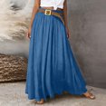 thumbnail image 2 of Boho Skirt for Women Cotton and Linen Solid Elastic Waist Midi Maxi Skirts A-line Skirt With Belt Blue S, 2 of 5