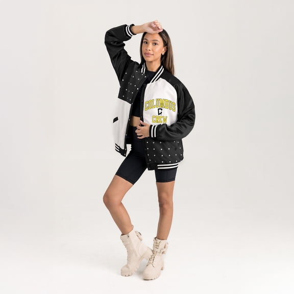 Women's Gameday Couture Black Columbus Crew Refined Rivalries Rhinestone Raglan Full-Snap Varsity Bomber Jacket