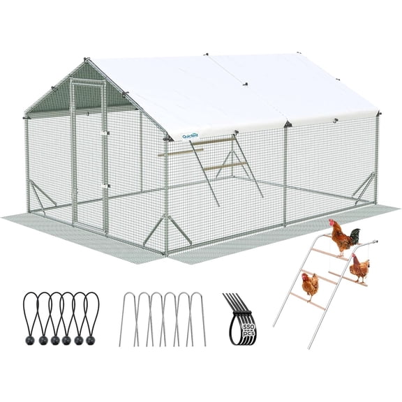 Quictent Large Metal Chicken Coop Run W/Roosting Perch for 20  Poultry with Heavy Duty Wire Mesh and Waterproof Roof Cover, Outdoor Walk-in Cage Peak Hen House for Yard Farm, 12x9x6.6FT