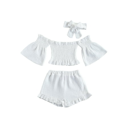 

TheFound Toddler Baby Girls Off Shoulder Flare Sleeve Crop Tops and Ruffle Shorts Outfit Summer Clothes