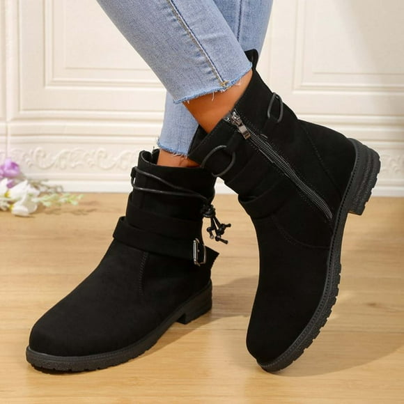 Amzcrzy Ankle Boots for Women Women's Heel Low Heel Round-Toe Boots Metal Leather Belt Buckle Side Zipper Short Boots Womens Booties Women's Boots Booties for Women Boots for Women Womens Boots