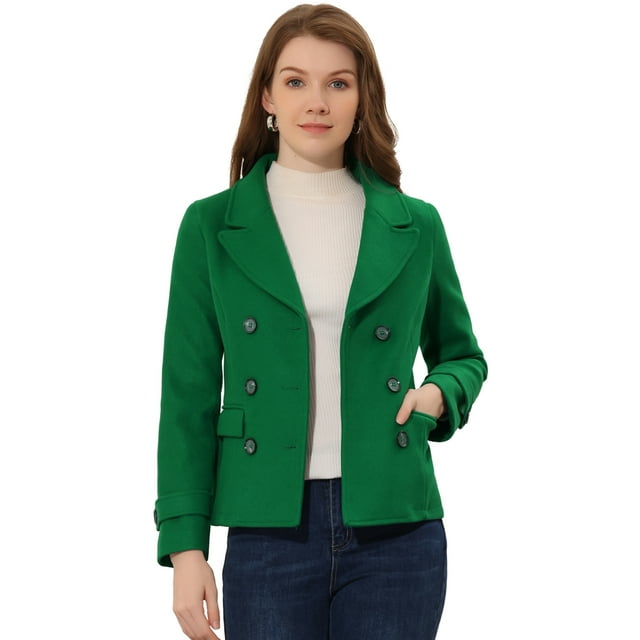 INSPIRE CHIC Caban à Revers Cranté à Double Boutonnage pour Femme Vert m