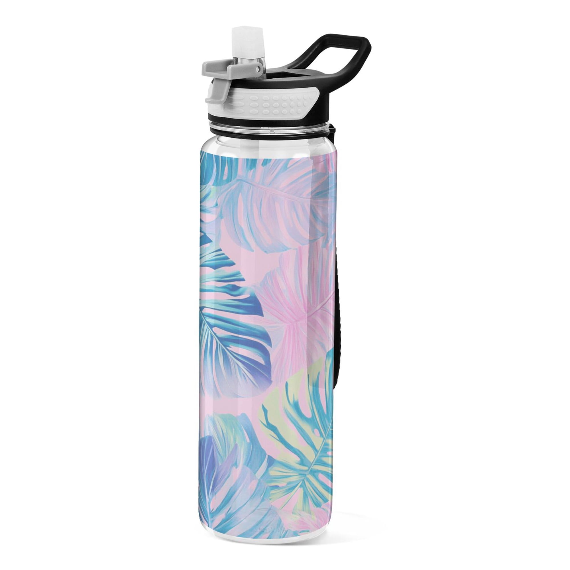 32oz Transparent Sports Water Bottle with Straw for Kids Adults Outdoor School Gym Fitness Pastel Pink Palm Leaves