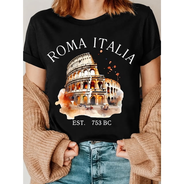 Women'S Summer Casual Crew Neck T-Shirt, Cotton 100% Knit Fabric, Medium Stretch, Geometric-Colosseum Print, 190g/m² - Rome Italy Graphic Tee
