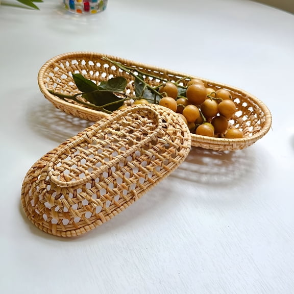 ACDANC Oval Rattan Bread Basket,Handmade Wicker Woven Baskets,Decorative Narrow Serving Storage Basket Bowl for Fruit,Food,Snack
