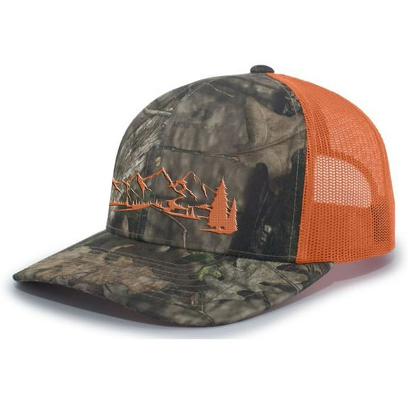 Mountain Scene Outdoors Forest Embroidered Mesh Back Trucker Hat, Camo/Orange