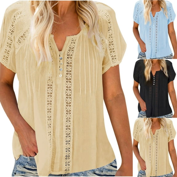Jacenvly 2024 short sleeve summer shirts for women Loose Women Lace Crochet Eyelet Short Sleeve Casual Shirts Blouses Tops Quick drying Solid v neck t shirts plus size tops Black