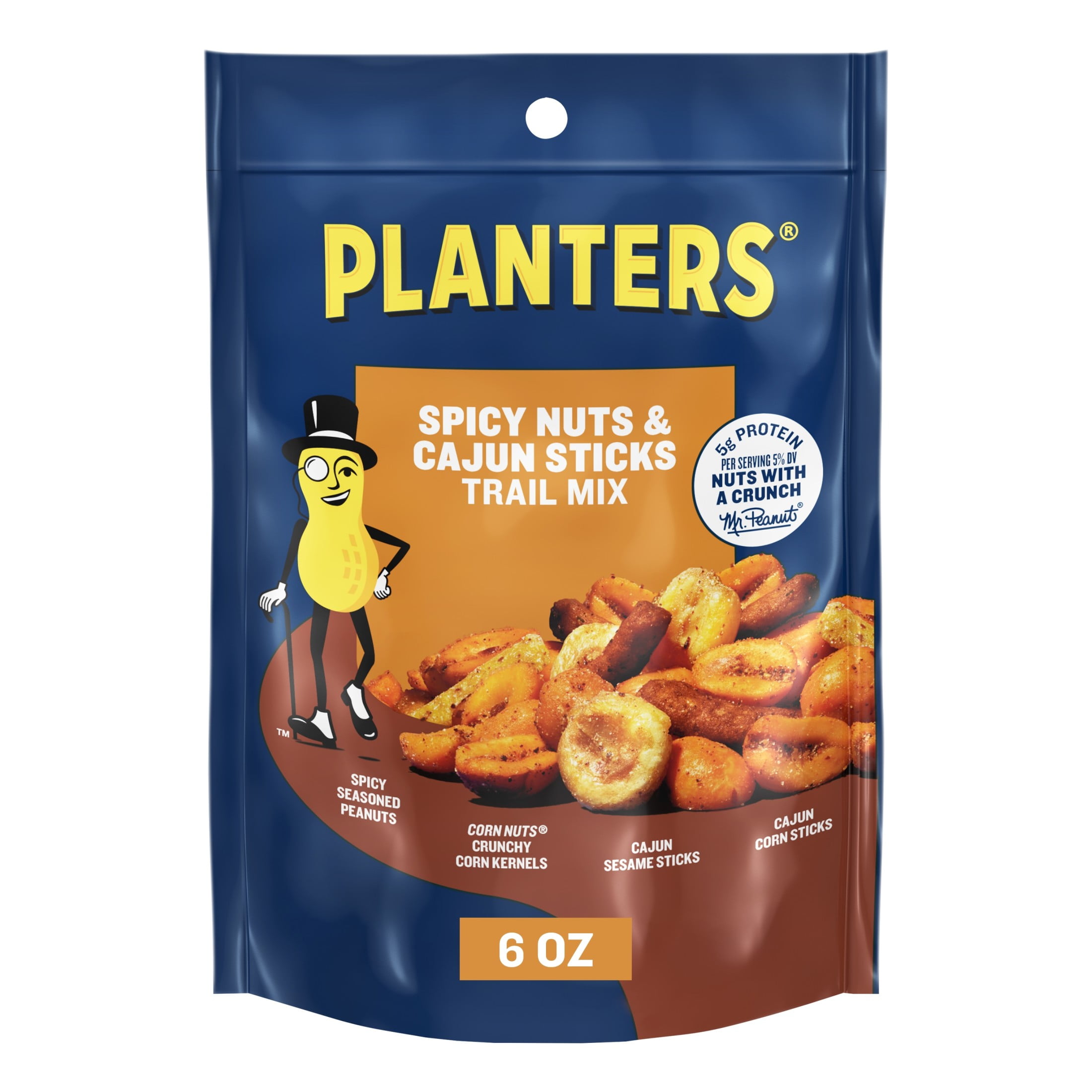 (6 pack) PLANTERS Spicy Nuts and Cajun Sticks Trail Mix with Spicy Peanuts, Plant-Based Protein, 6 oz Plastic Resealable Bag