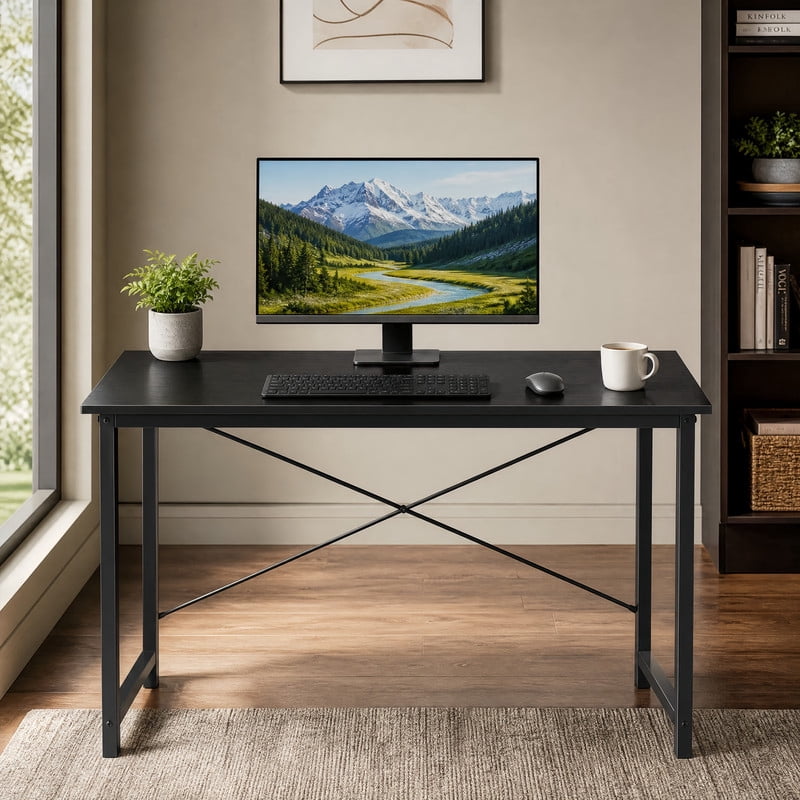 BEAUTYPEAK 44" Computer Desk Writing Gaming Table with Wood Top X-Shaped Reinforced Frame, Black