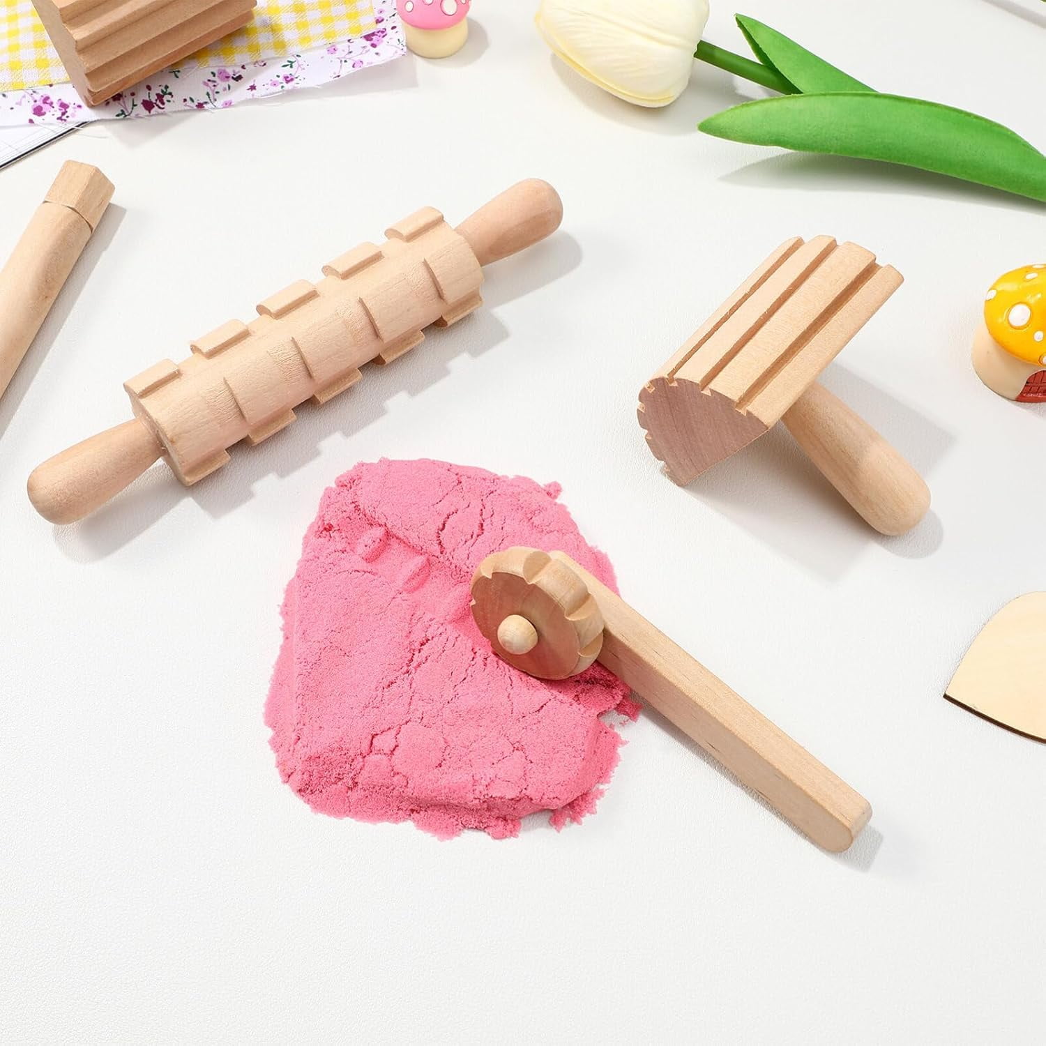 ABCISI Wooden Clay Tools, Kids Wood Stamps Hand Rollers Plasticine Molding Tools Set, Pottery Molding Clay Sculpting Accessories for Art DIY Crafts Activities, 12pcs
