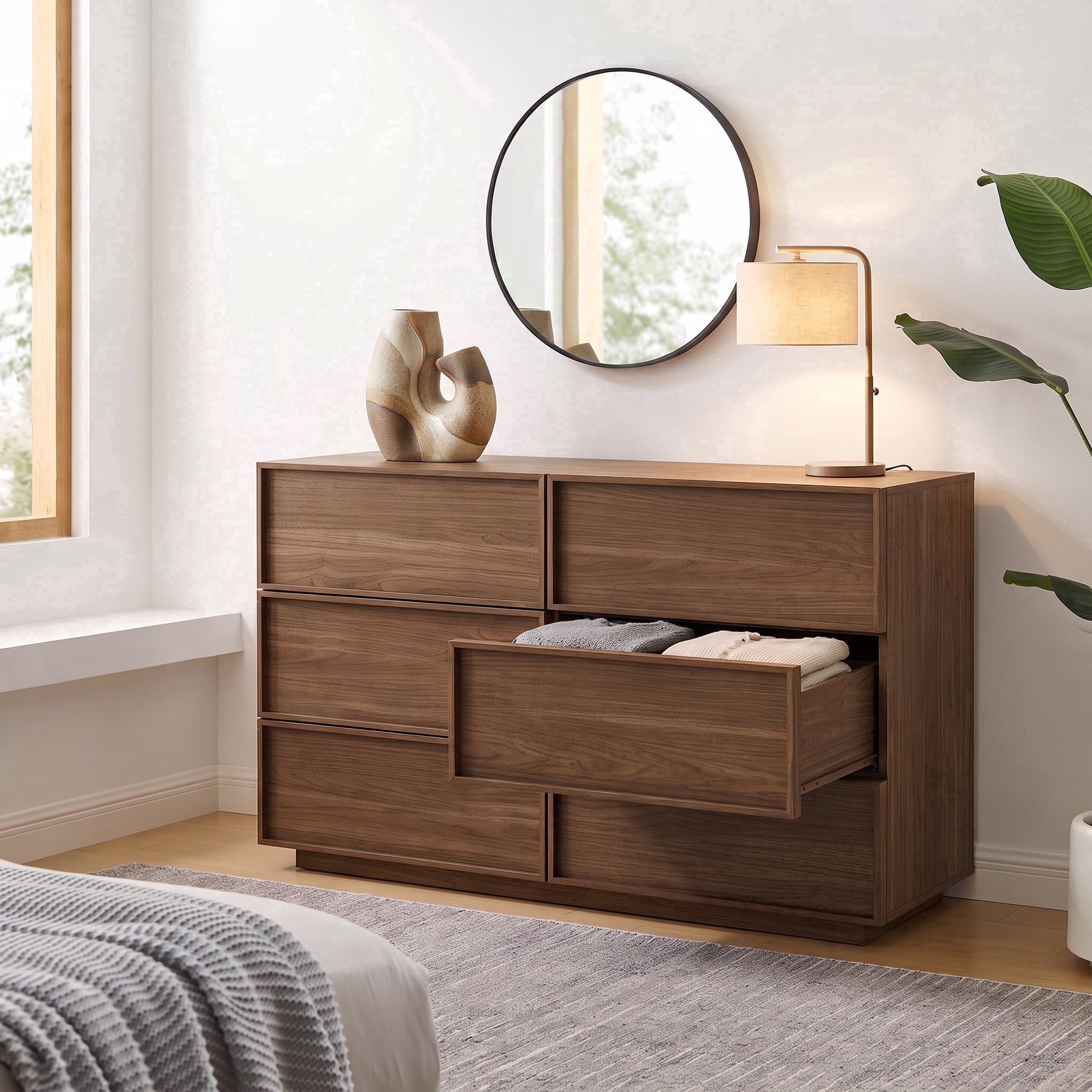 Treocho 6 Drawer Dresser for Bedroom, 47" Wooden, with Concealed Handle, Modern, Walnut
