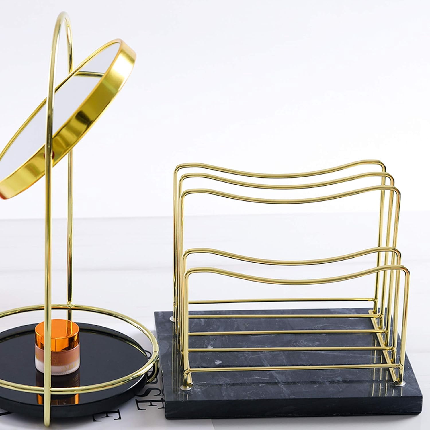 Real Marble File Holder - Marble Desk Accessories - Modern Marble Mail Organizer - Gold Mail Holder & Letter Tray (Black + Gold)