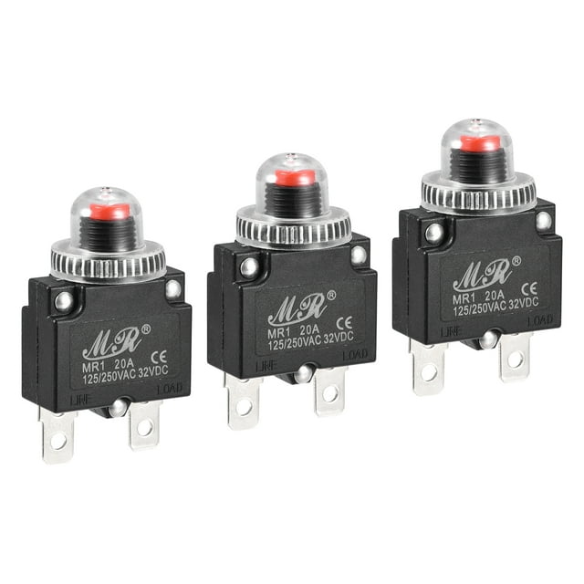 Unique Bargains Circuit Overload Protector 20A AC125/250V DC32V Push Button Thermal Circuit Breaker with Waterproof Caps 3pcs