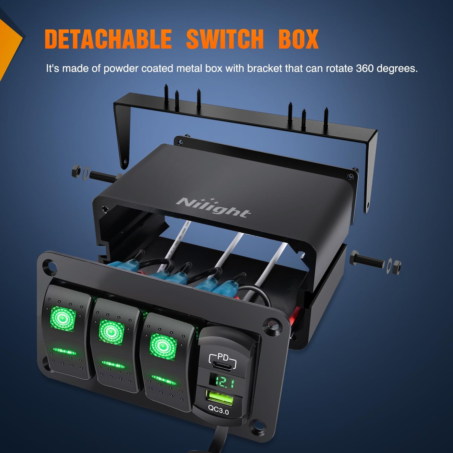Nilight 3 Gang Rocker Switch Box 12V SPST ON Off Toggle Switches PD Type C and QC USB Charger Voltmeter LED Light Waterproof Aluminum Mount Bracket Panel DIY Stickers for Boat Car RV Truck
