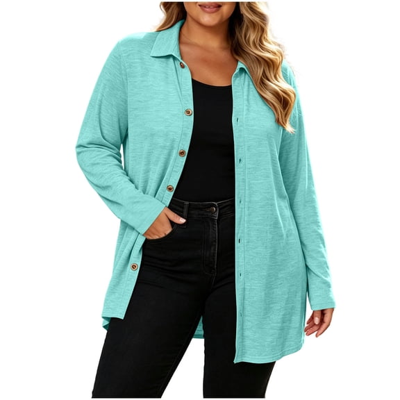 Plus Size Jackets for Women Collared Button Down Long Sleeve Tunic Shirt Soft Tops for Women Green XL