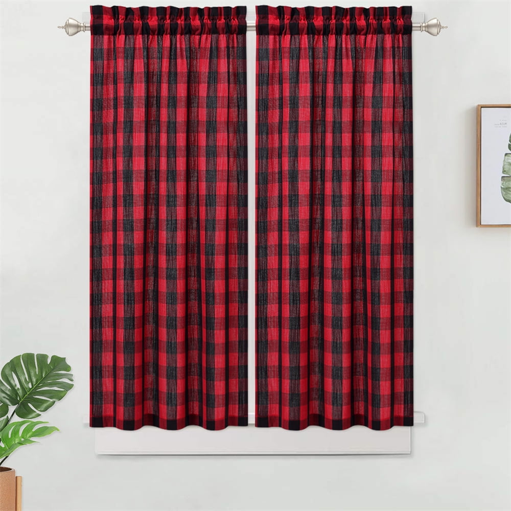 2 Pcs Polyester Small Plaid Curtain Valance, Farmhouse Kitchen Window Cafe Curtains