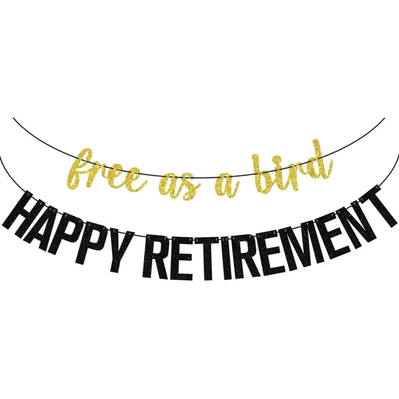 Gold Black Glitter Free As A Bird Happy Retirement Banner, Retirement Party Hanging Garland Sign Decor for Coworker Farewell Party