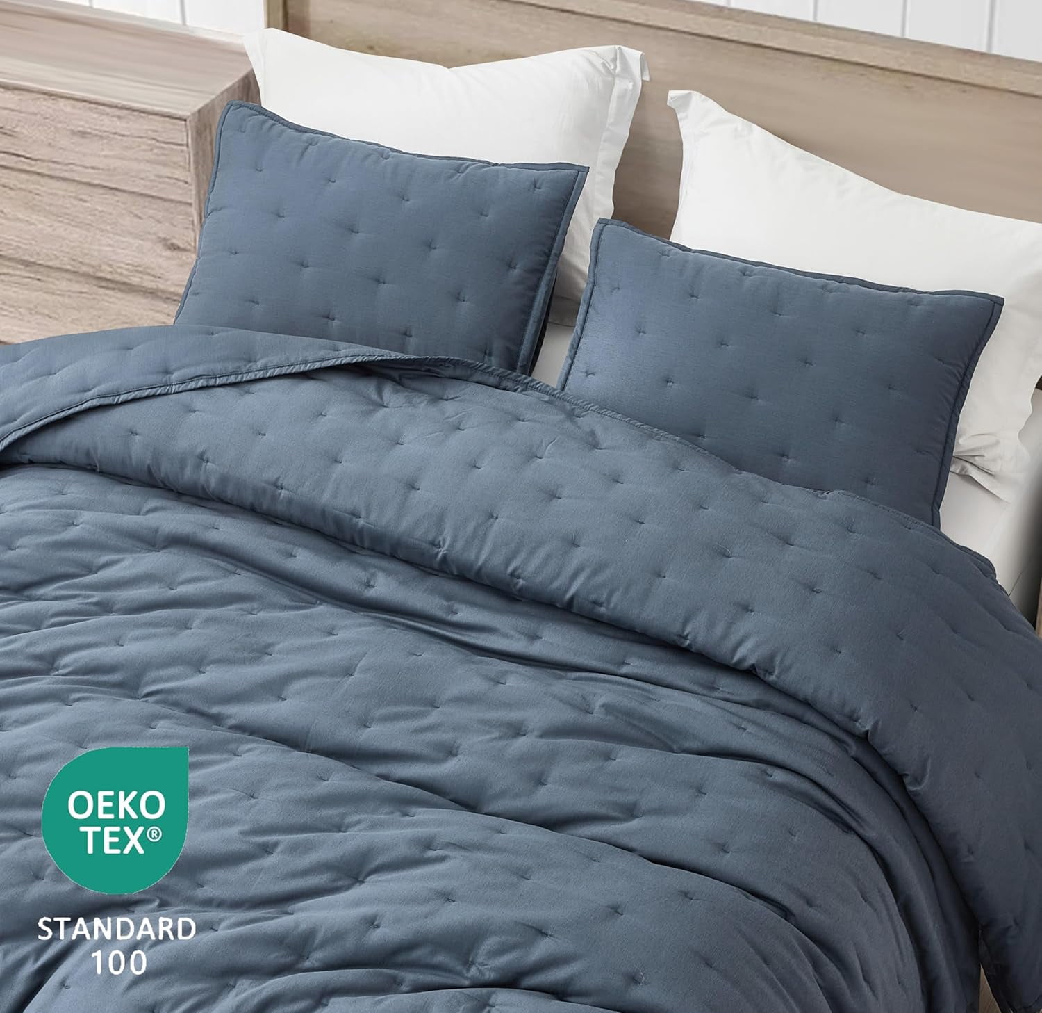 Chezmoi Collection Glen 3-Piece Crescent Stitched Quilt Set, Queen Size, Steel Blue, Rayon Derived from Bamboo & Polyester Blended, Soft Breathable Cooling Bedspread for Hot Sleepers