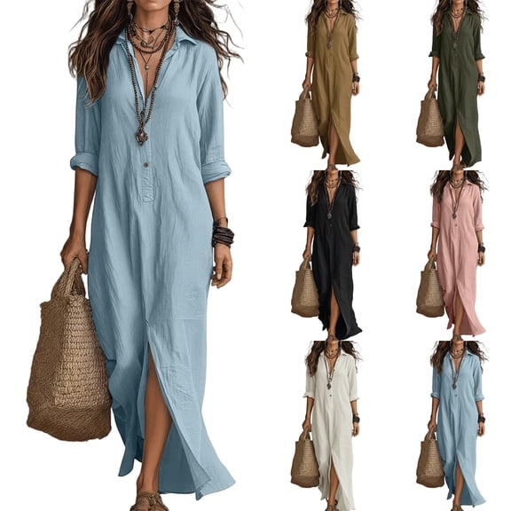 CIENVNSTG Summer Dresses for Women 2026 Vacation Long Sleeve Notch Neck Maxi Linen Shirt Dress Loose Button Down Tunic Shift Dress Brown L