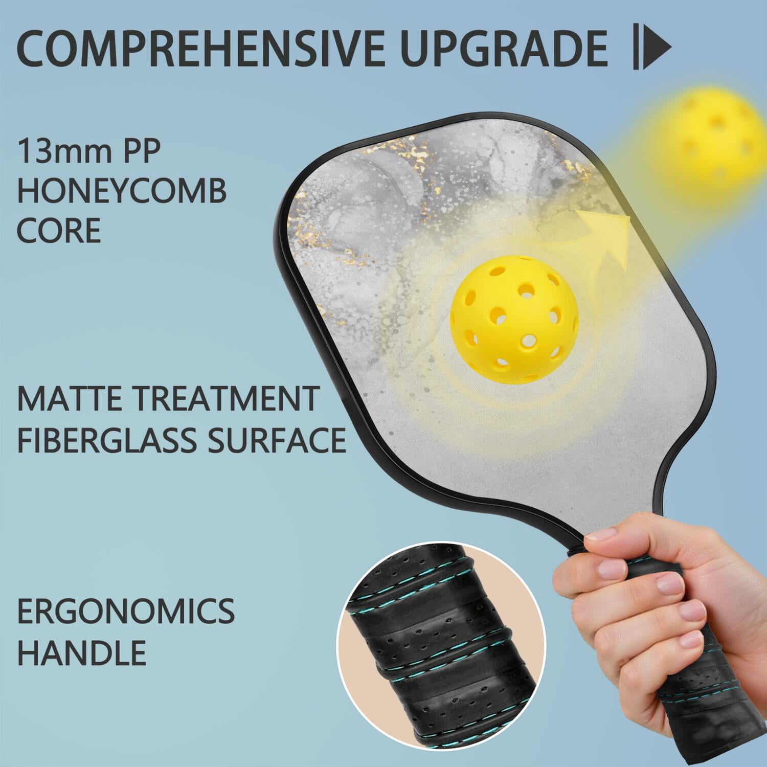 Pickleball Paddles Set Of 2, Fiberglass Surface, Turquoise Marble Pattern, 4 Balls & Bag