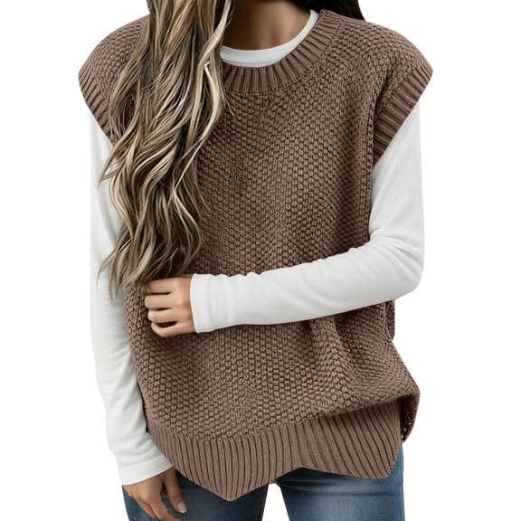 CUZIBR Fall Coats For Women Ribbed Knit Vest Oversized Round Neck Pullover Sleeveless Sweater Casual Solid Color Loose Layering Piece Cozy Outwear Casual Loose Sweatshirt,Brown,One Size