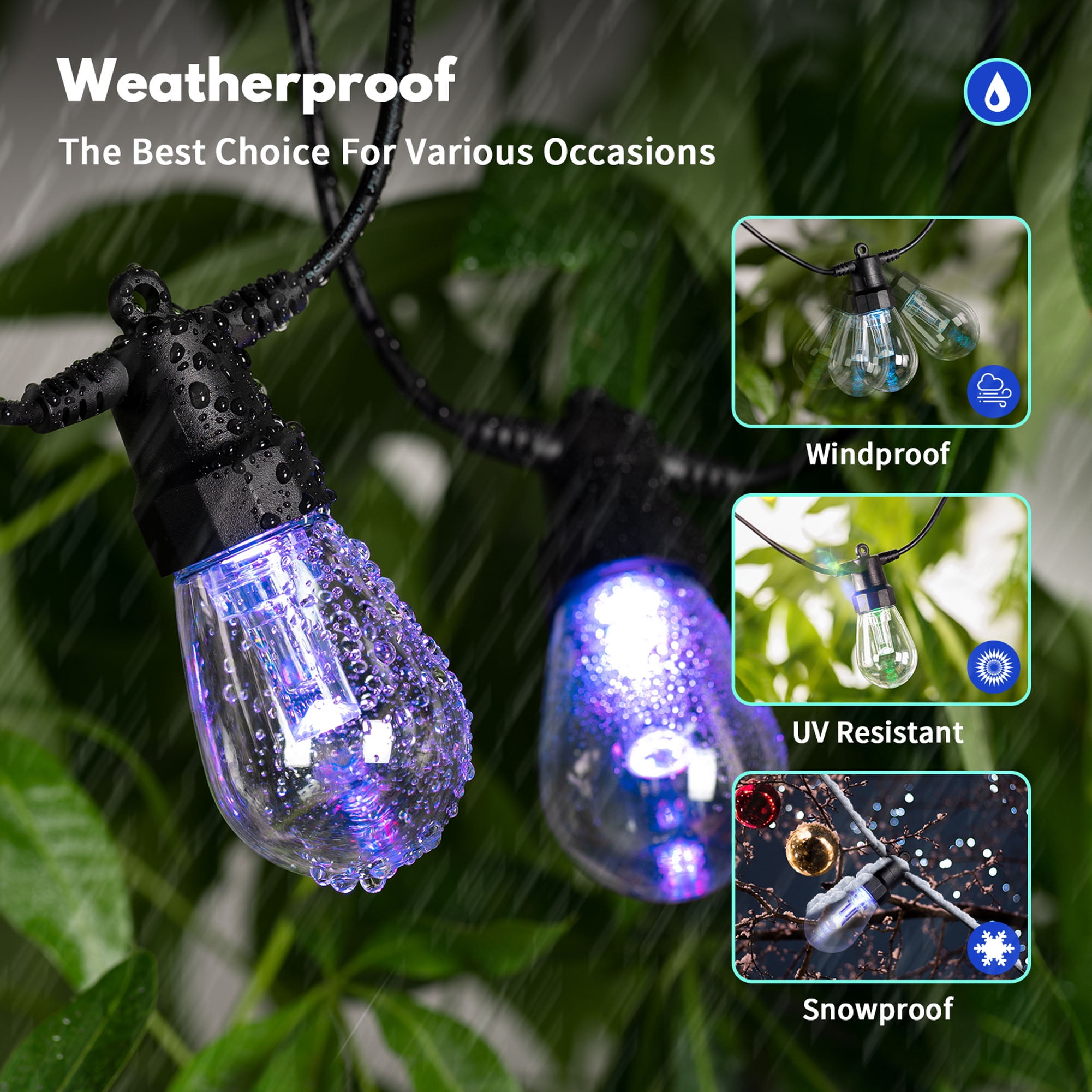 48ft Outdoor String Lights, Color Changing RGB & Warm White LED, App & Remote Control, Music Sync, Weatherproof Patio Lights for Garden, Porch & Backyard Decor