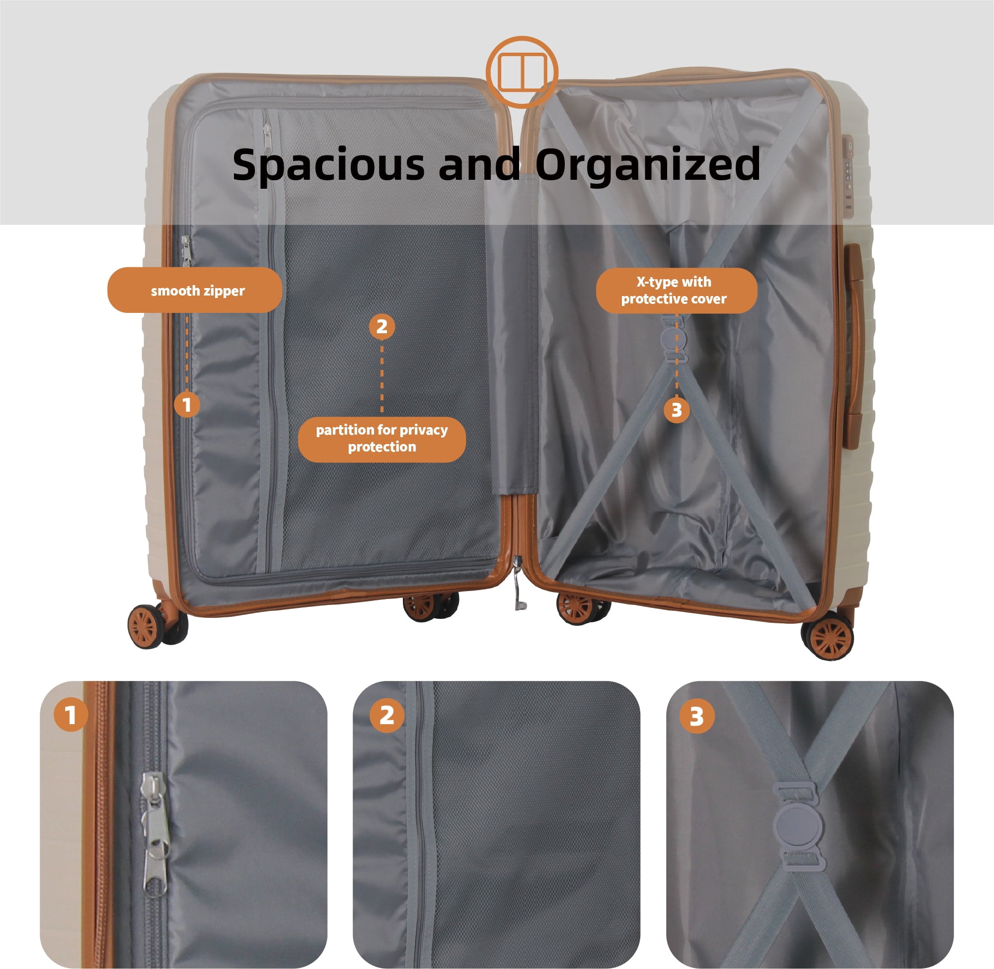 MAYEERTY 3-Piece Luggage Set, Polypropylene Hardshell Suitcase with Spinner Wheels & TSA Lock, Beige Brown